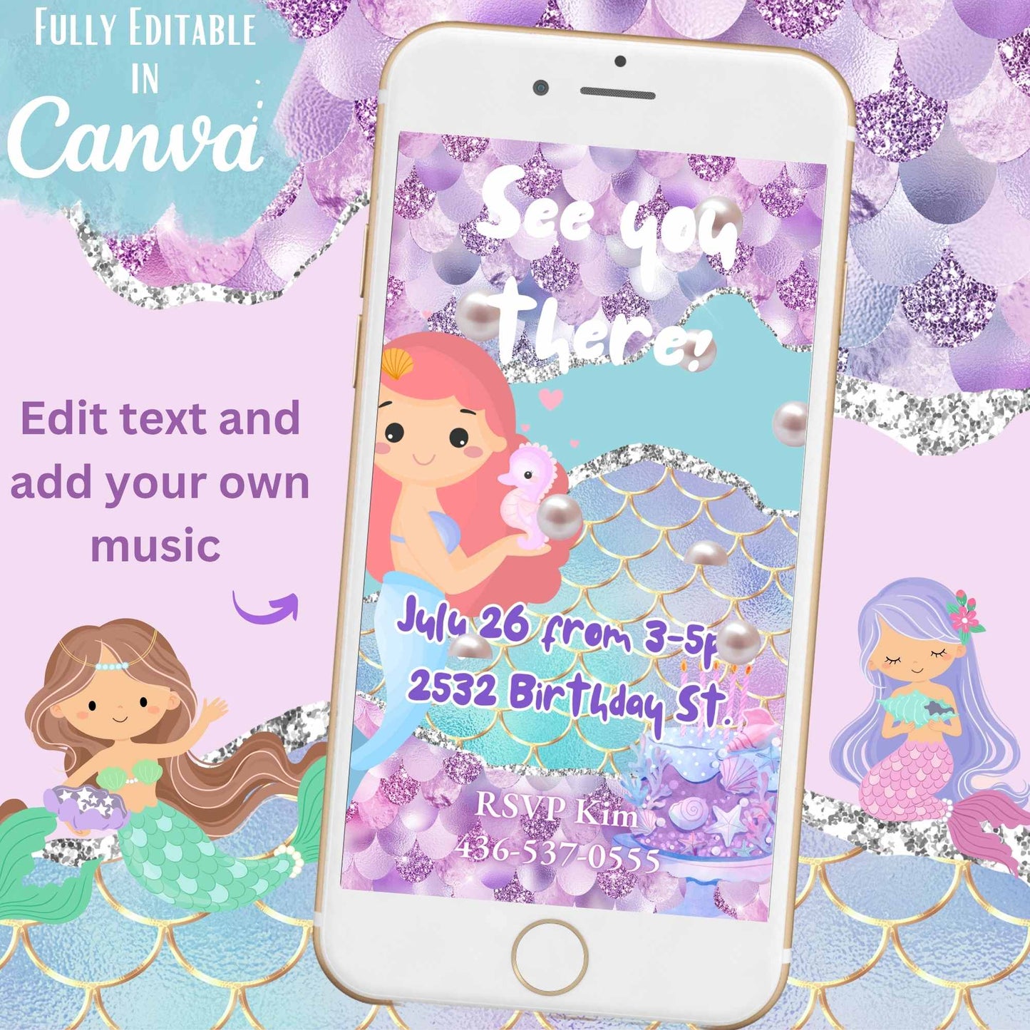 Animated Mermaid Birthday Invitation – Editable Canva Template – Phone Evite – Faith - Based Printable by Digital Kim Designs