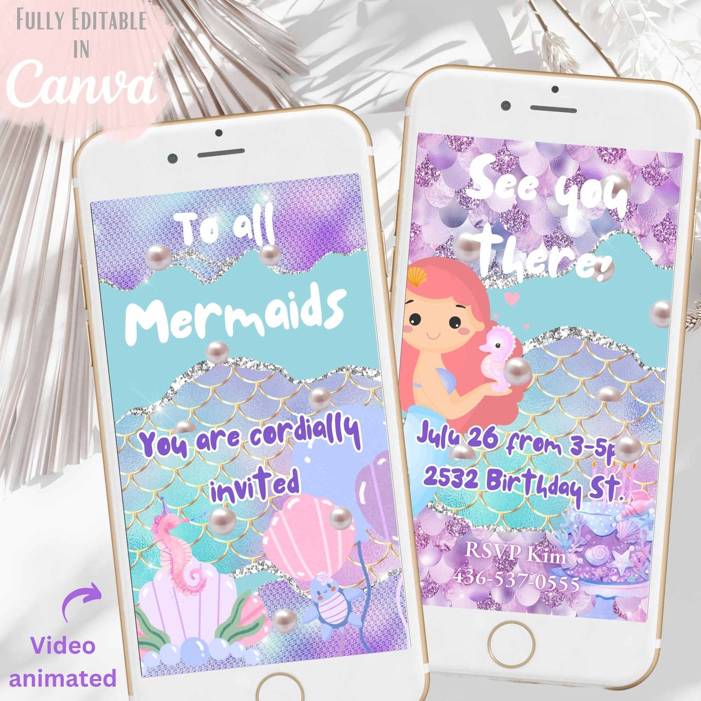 Animated Mermaid Birthday Invitation – Editable Canva Template – Phone Evite – Faith - Based Printable by Digital Kim Designs