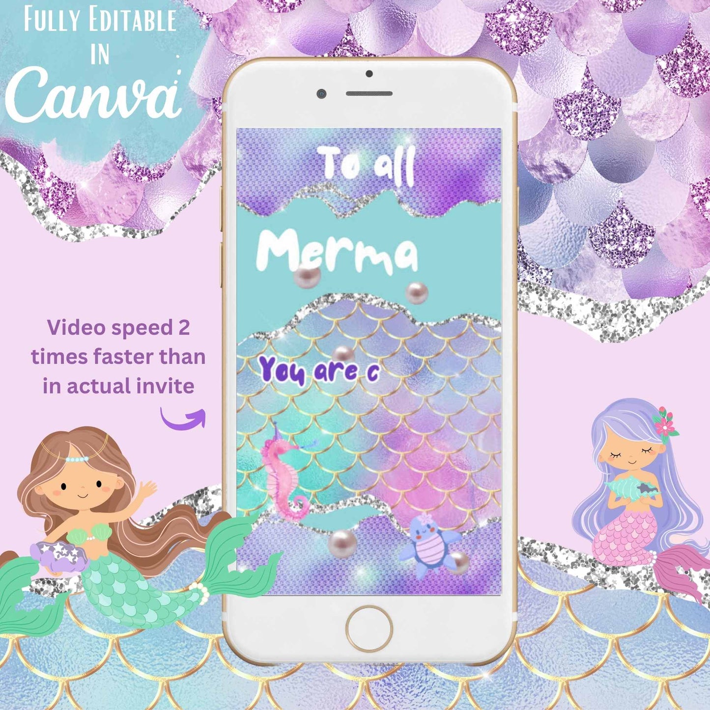 Animated Mermaid Birthday Invitation – Editable Canva Template – Phone Evite – Faith - Based Printable by Digital Kim Designs
