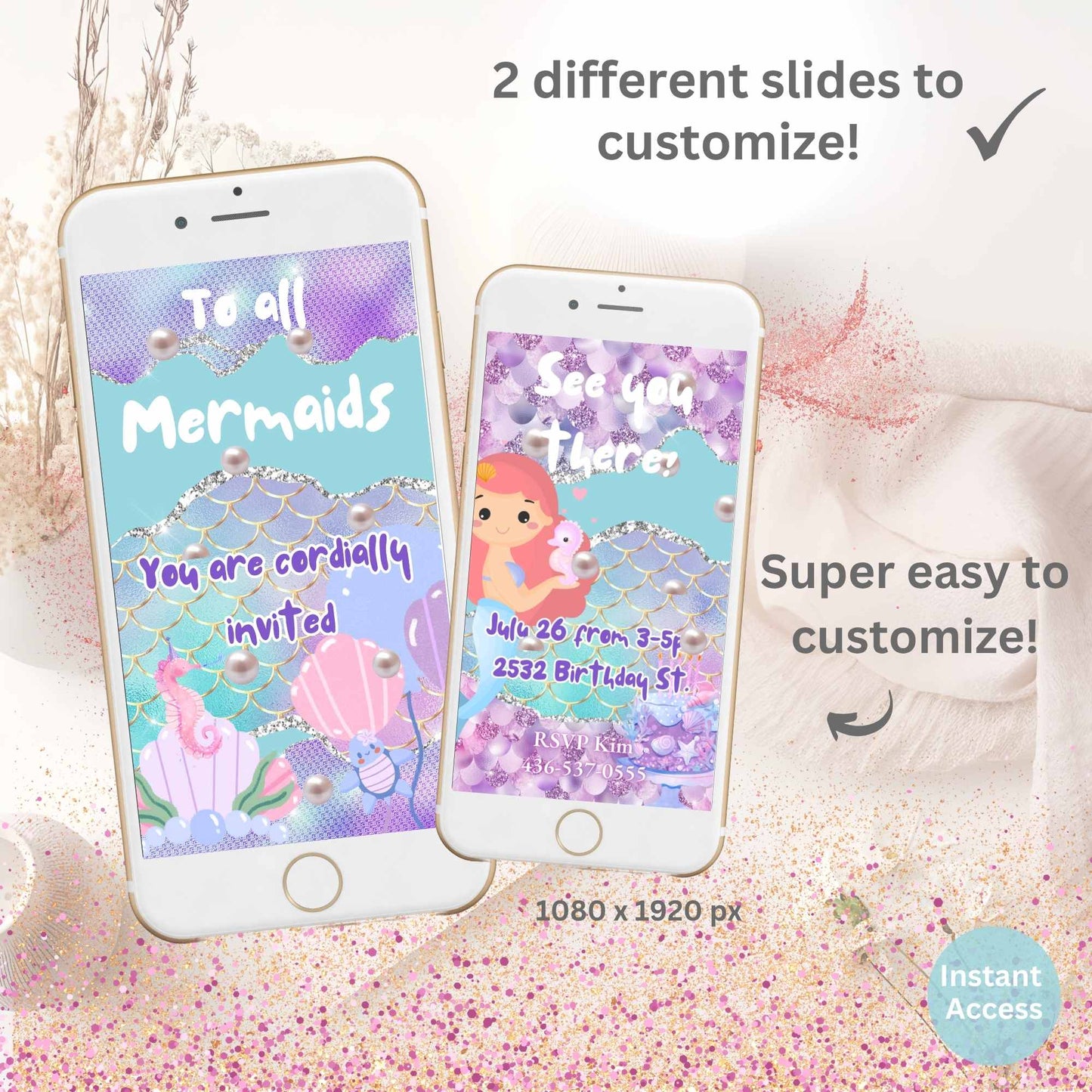 Animated Mermaid Birthday Invitation – Editable Canva Template – Phone Evite – Faith - Based Printable by Digital Kim Designs