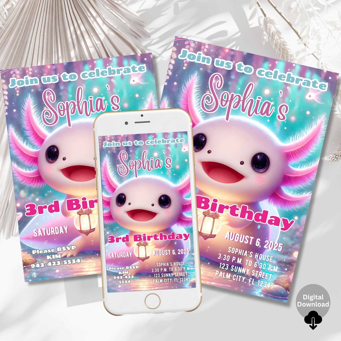 Axolotl Birthday Invitation – Editable Canva Template – Printable + Phone Evite – Faith - Based Printable by Digital Kim Designs