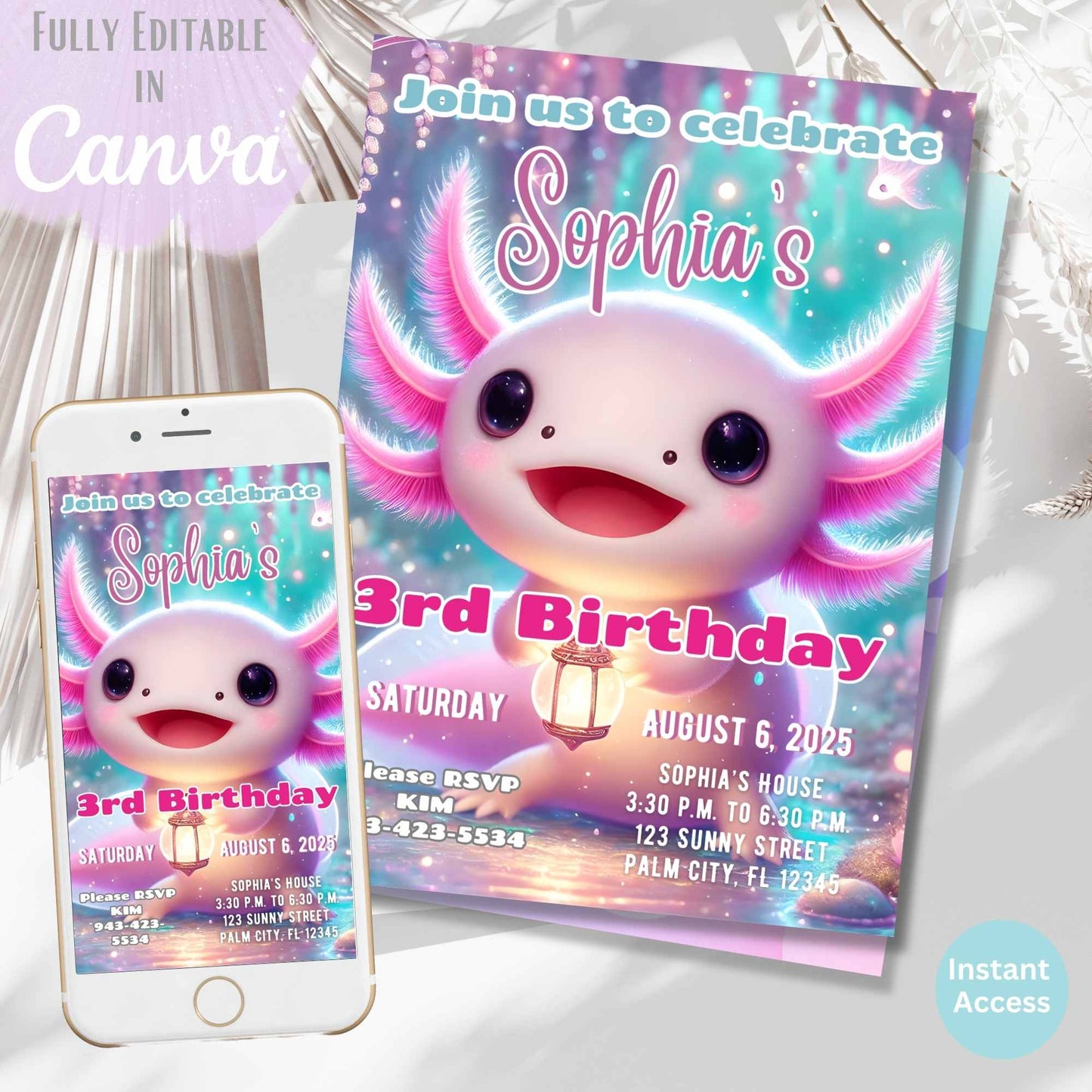 Axolotl Birthday Invitation – Editable Canva Template – Printable + Phone Evite – Faith - Based Printable by Digital Kim Designs
