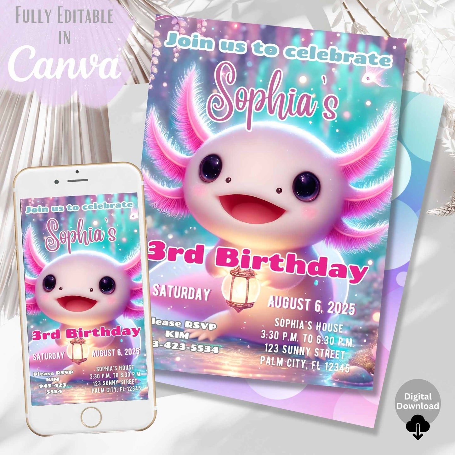 Axolotl Birthday Invitation – Editable Canva Template – Printable + Phone Evite – Faith - Based Printable by Digital Kim Designs