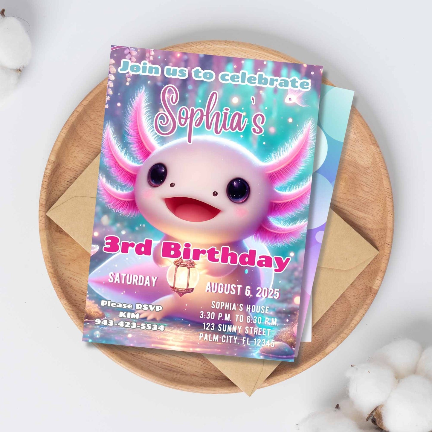 Axolotl Birthday Invitation – Editable Canva Template – Printable + Phone Evite – Faith - Based Printable by Digital Kim Designs
