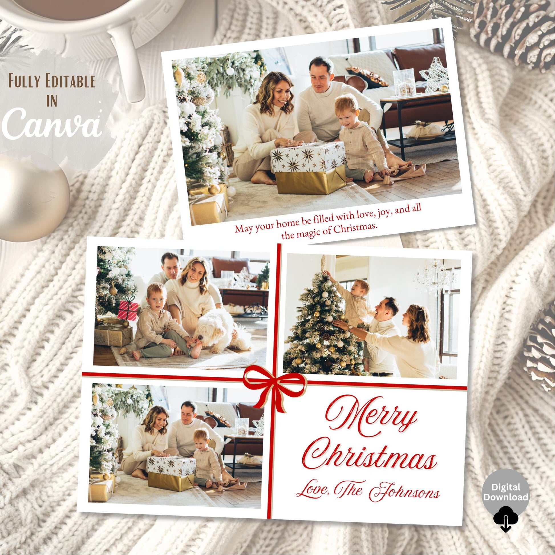 Editable Christmas Photo Card – Red Ribbon Canva Template | Digital Download – Digital Printable by Digital Kim Designs