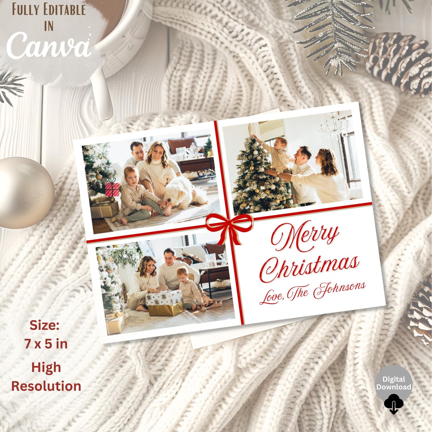 Editable Christmas Photo Card – Red Ribbon Canva Template | Digital Download – Digital Printable by Digital Kim Designs