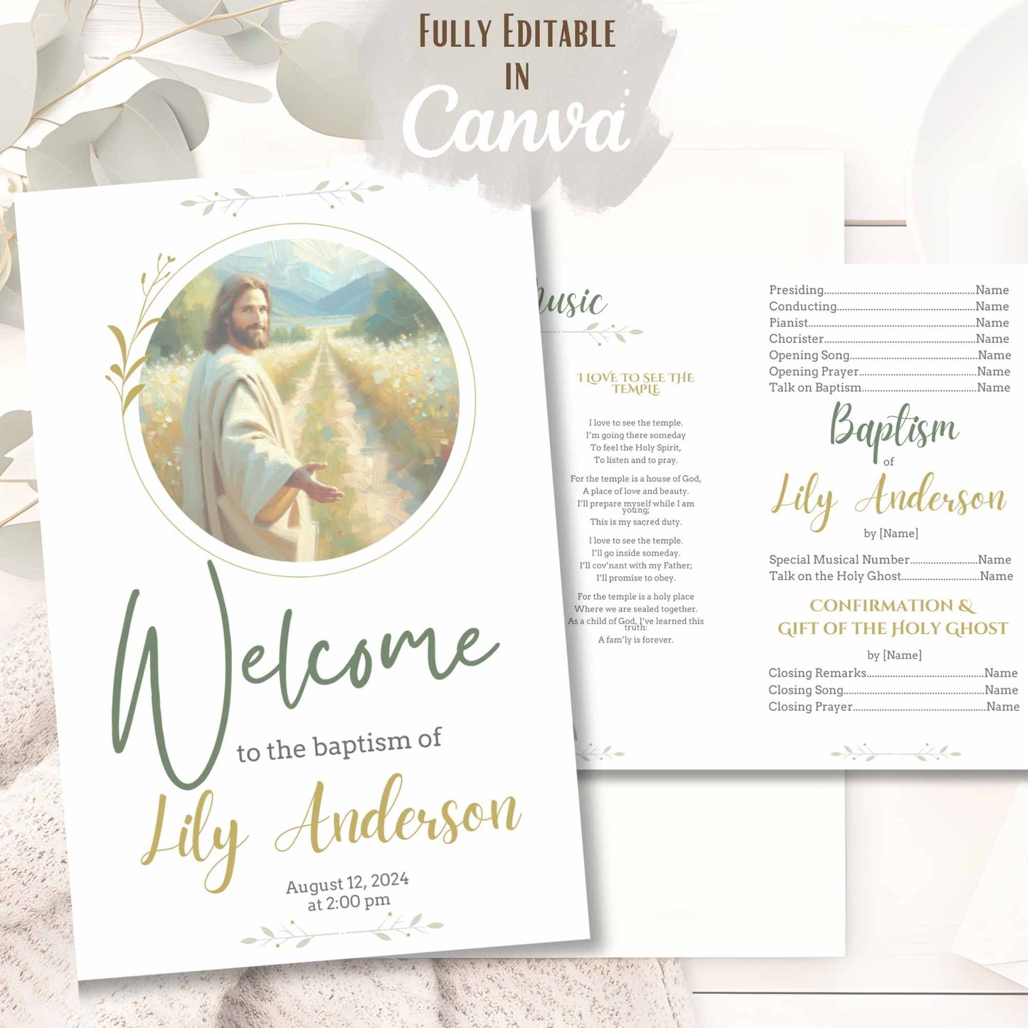 LDS baptism program with Jesus artwork – printable Canva template for boys or girls