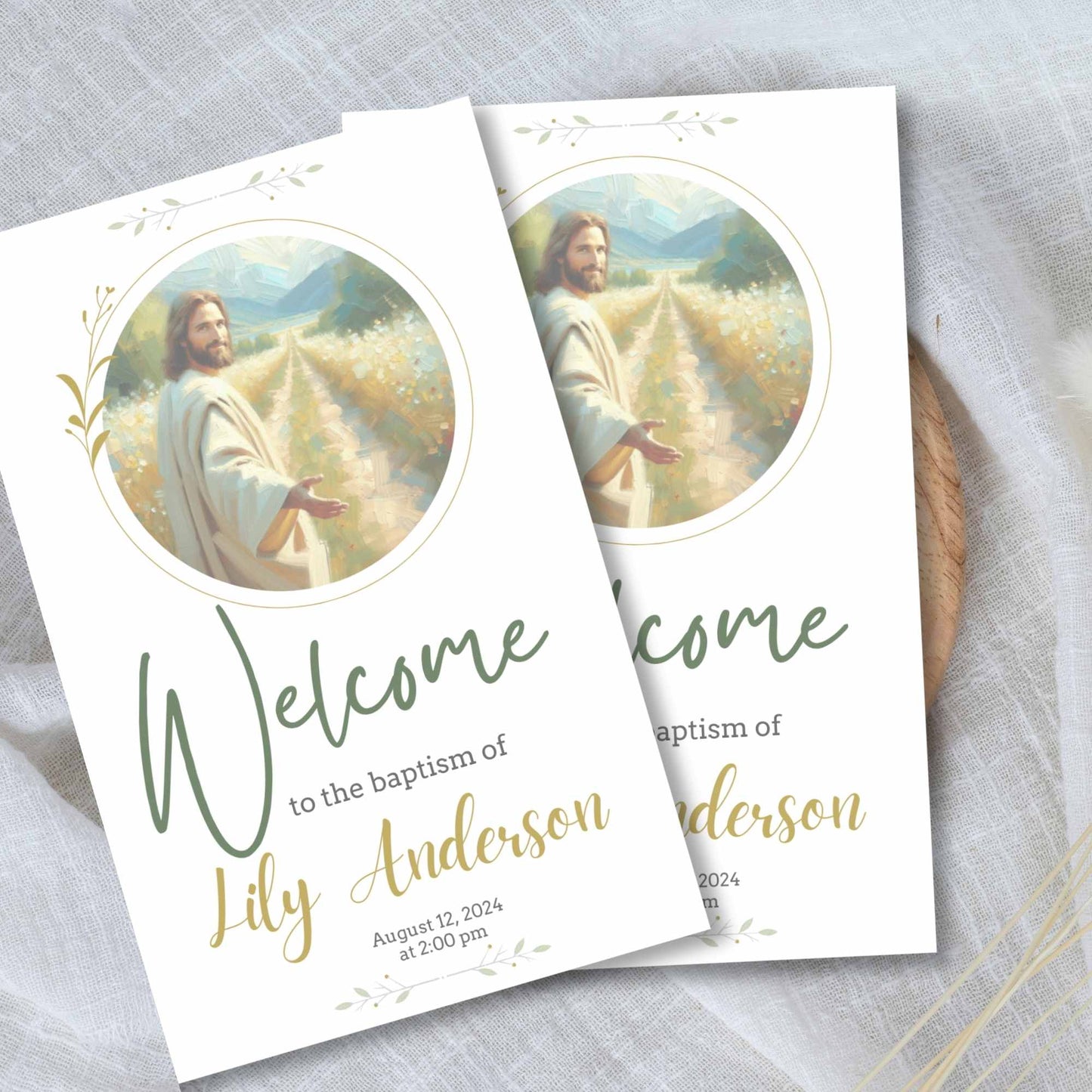 Boy baptism program with Jesus art – neutral Canva printable layout