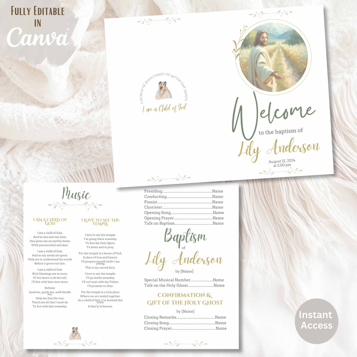 Foldable LDS baptism program for boys or girls – neutral printable design