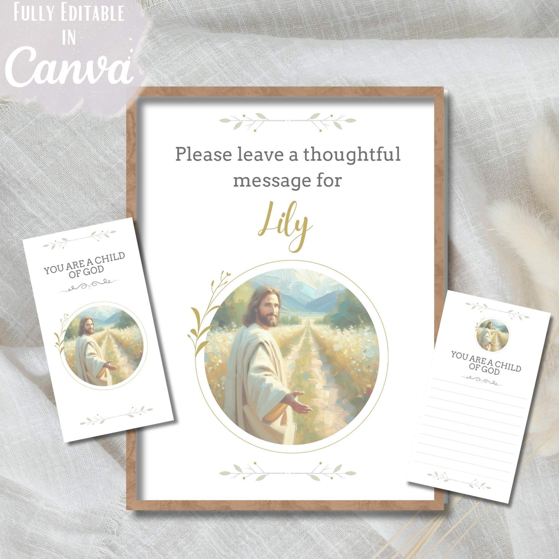 Editable LDS Baptism Sign & Note Cards – Neutral Jesus Design, Printable Canva Template – Faith - Based Printable by Digital Kim Designs