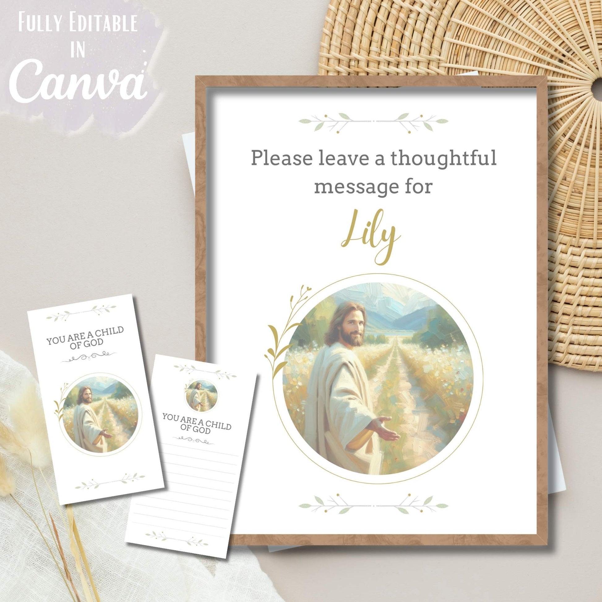Editable LDS Baptism Sign & Note Cards – Neutral Jesus Design, Printable Canva Template – Faith - Based Printable by Digital Kim Designs