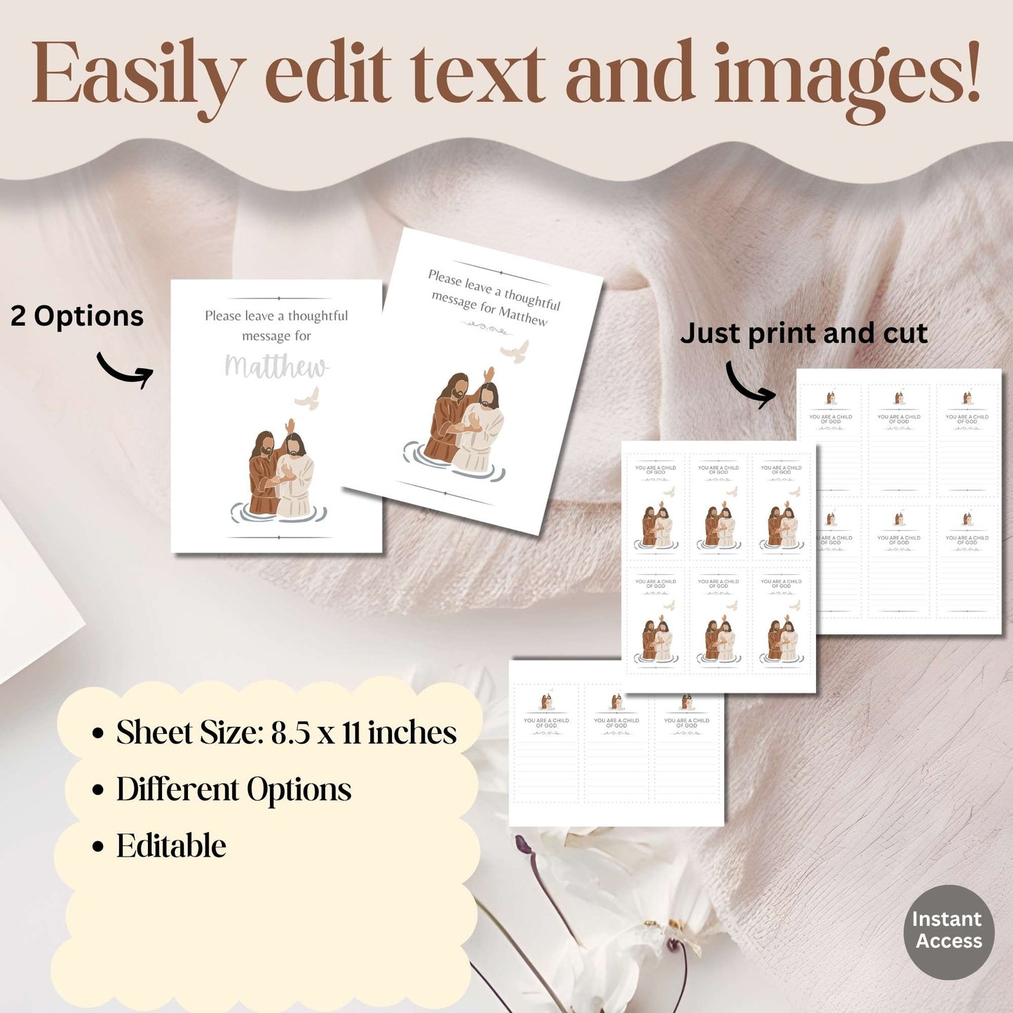 Editable LDS Baptism Sign & Note Cards – Printable Keepsake for Guests, Canva Template – Faith - Based Printable by Digital Kim Designs