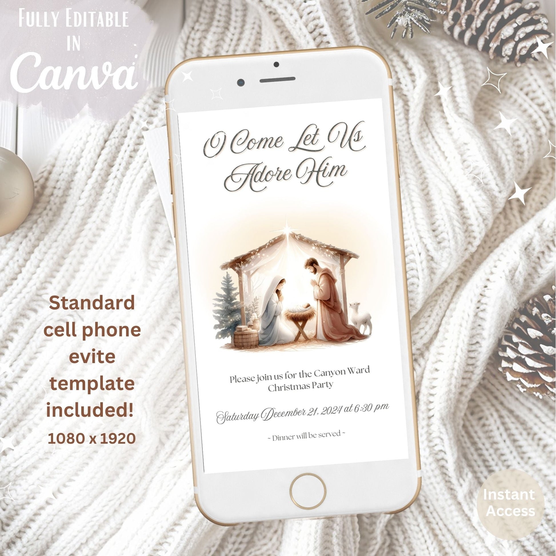 Editable LDS Christmas Party Invitation | O Come Let Us Adore Him | Nativity Canva Template | Digital Download – Digital Printable by Digital Kim Designs