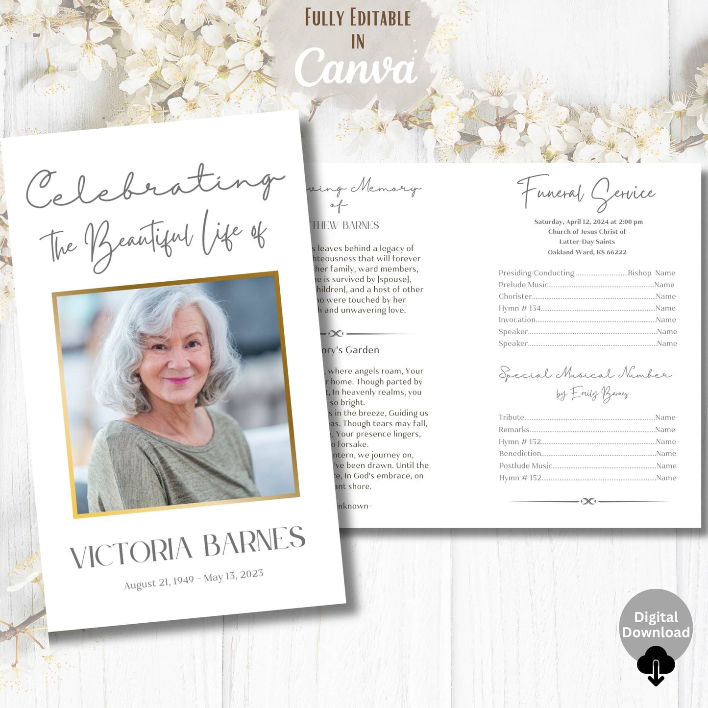 Editable LDS Funeral Program Template – Foldable Celebration of Life Canva Obituary Design – Faith - Based Printable by Digital Kim Designs