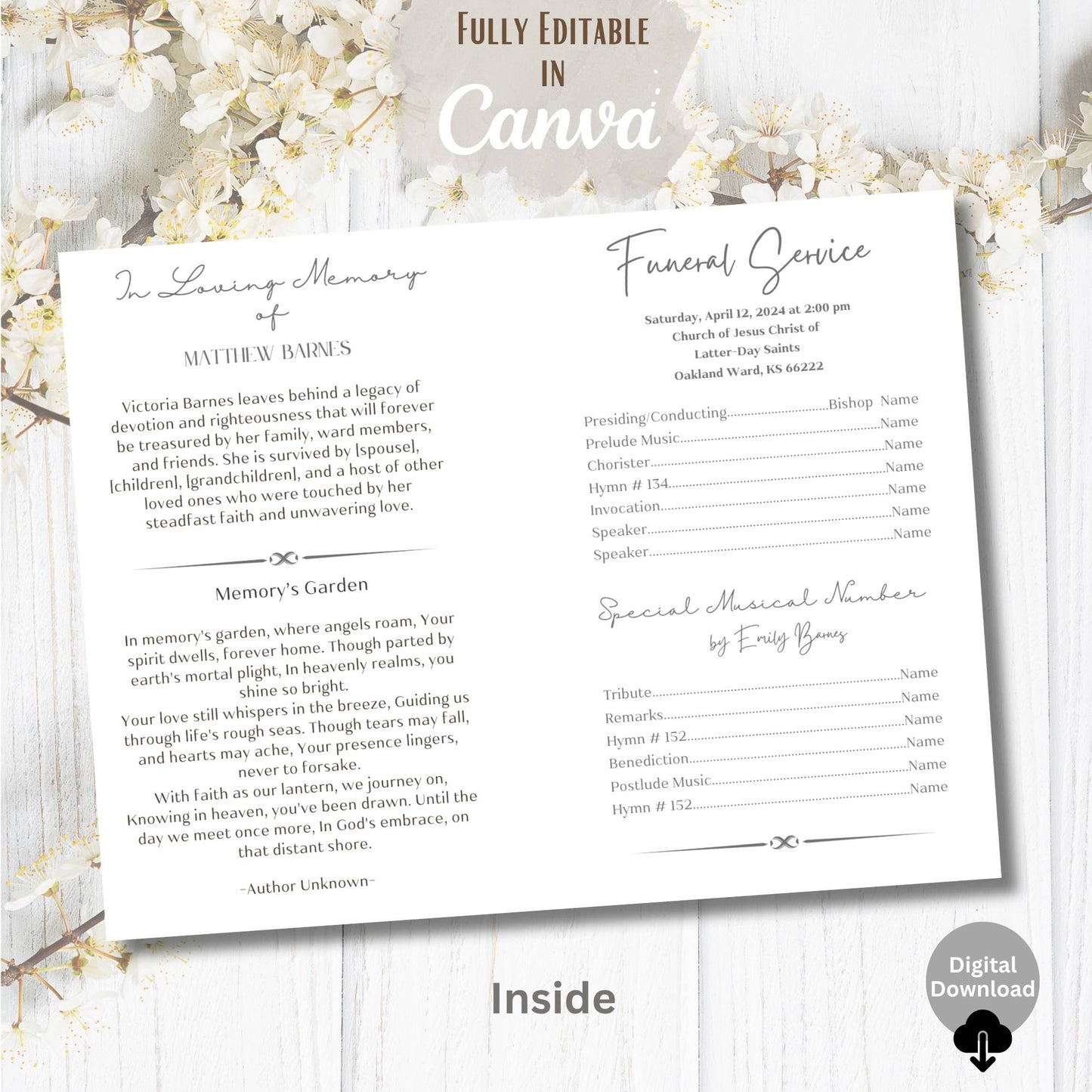 Editable LDS Funeral Program Template – Foldable Celebration of Life Canva Obituary Design – Faith - Based Printable by Digital Kim Designs