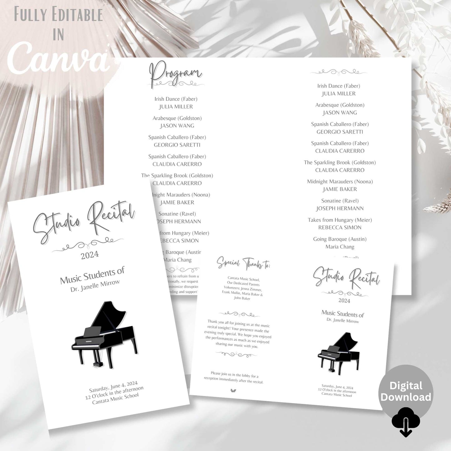 Editable Music Recital Program Template – Printable Piano Recital Program – Canva Invitation + Event Program for Students – Faith - Based Printable by Digital Kim Designs
