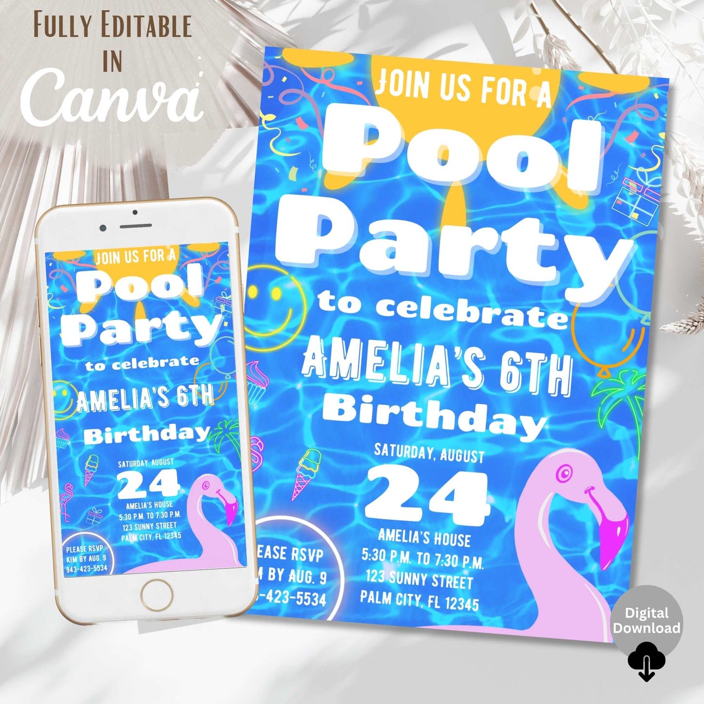 Editable Pool Party Birthday Invitation | Canva Template | Instant Download – Faith - Based Printable by Digital Kim Designs