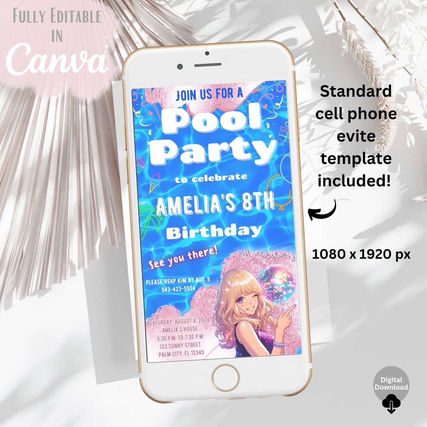 Editable Pool Party Birthday Invitation – Pop Star Canva Template for Girls | Instant Download – Faith - Based Printable by Digital Kim Designs