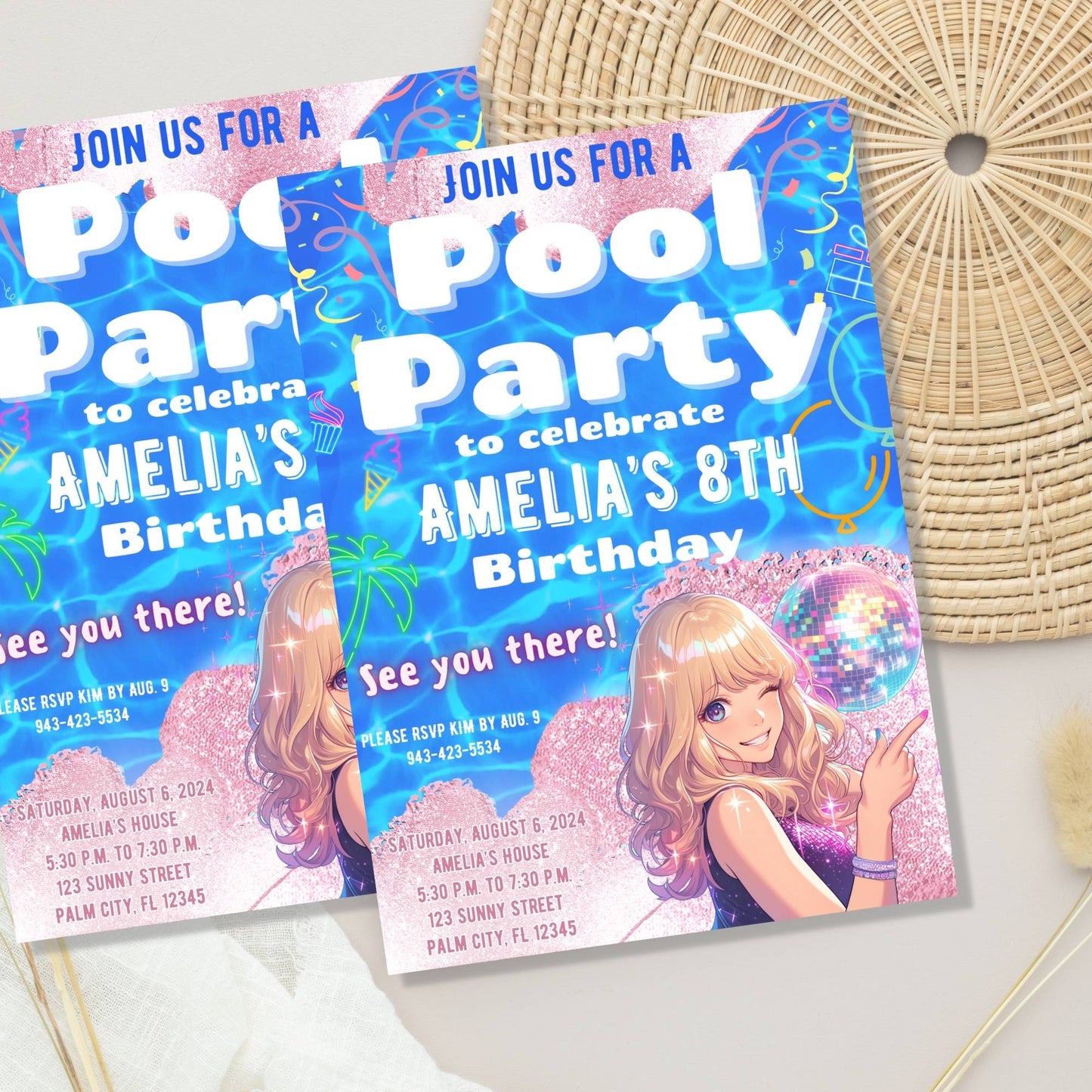 Editable Pool Party Birthday Invitation – Pop Star Canva Template for Girls | Instant Download – Faith - Based Printable by Digital Kim Designs