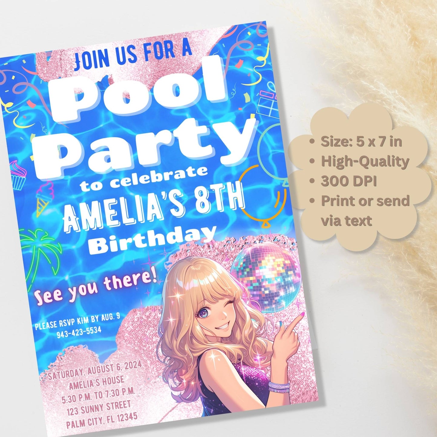 Editable Pool Party Birthday Invitation – Pop Star Canva Template for Girls | Instant Download – Faith - Based Printable by Digital Kim Designs