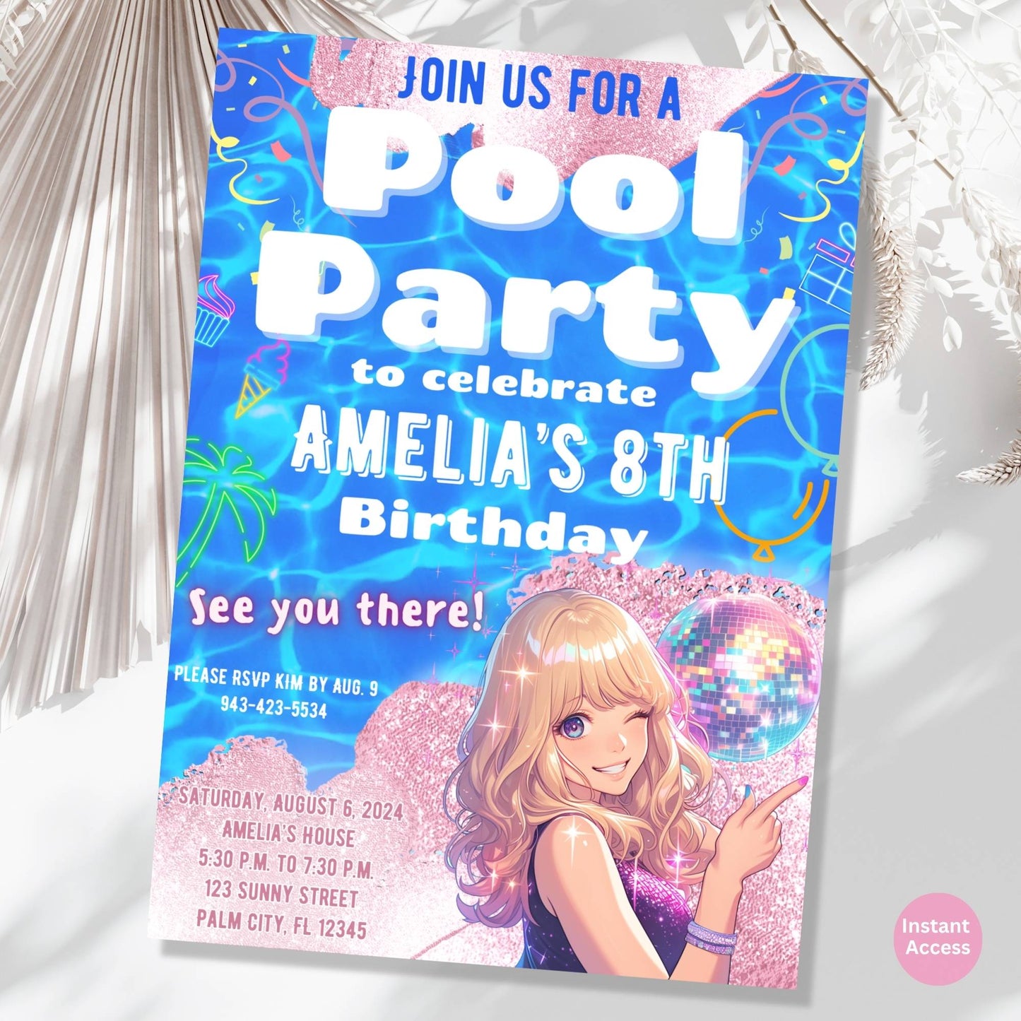 Editable Pool Party Birthday Invitation – Pop Star Canva Template for Girls | Instant Download – Faith - Based Printable by Digital Kim Designs
