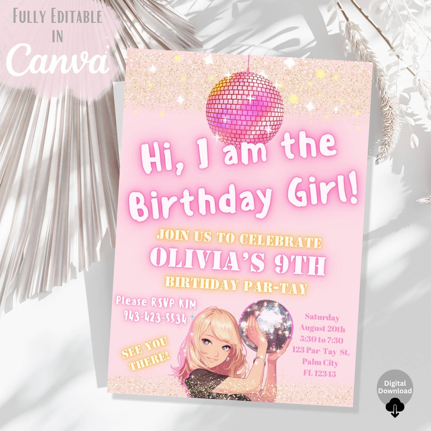 Editable Pop Star Birthday Invitation – “I Am the Birthday Girl” Canva Template for Tween Girls – Faith - Based Printable by Digital Kim Designs