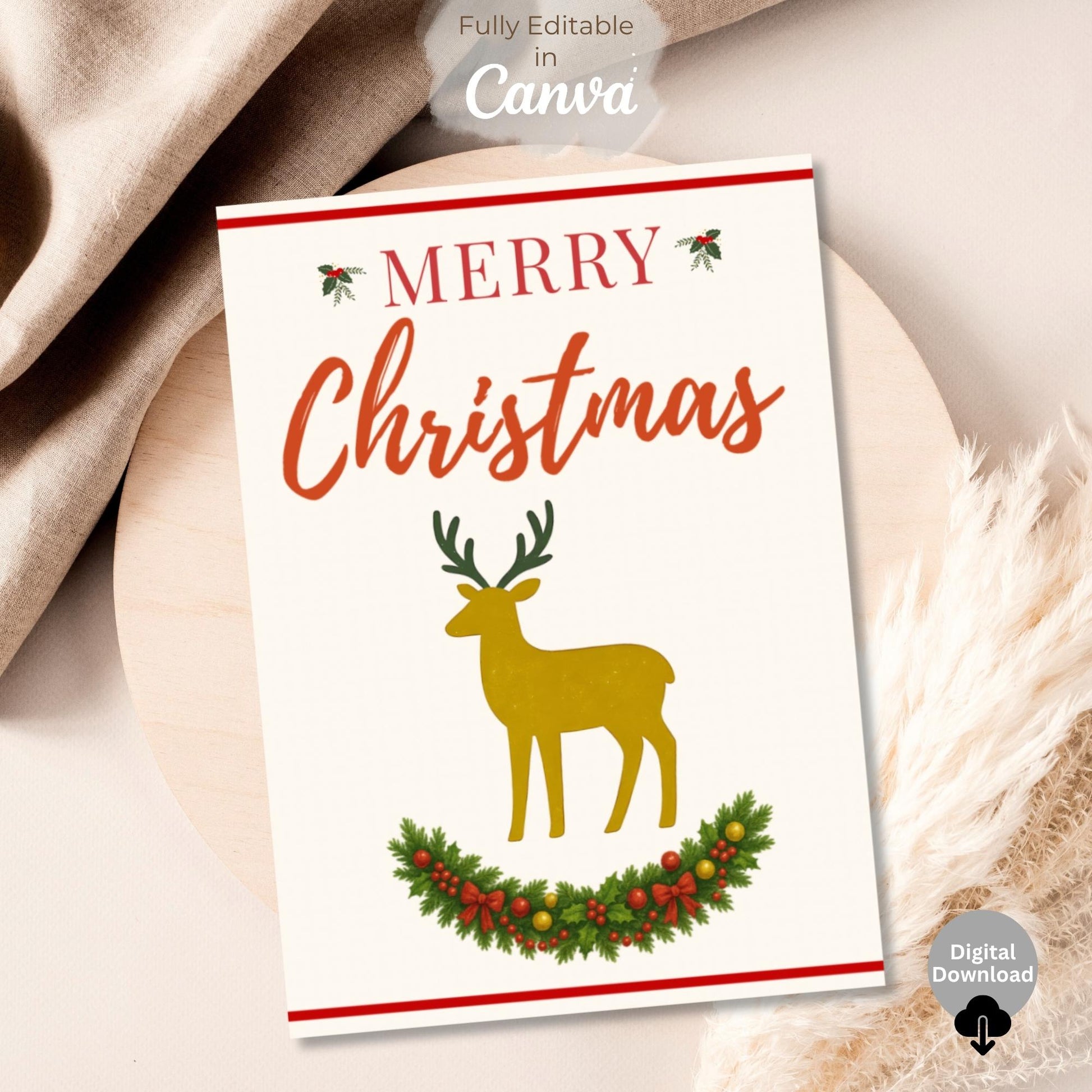 Editable Reindeer Christmas Card Template | Modern Holiday Canva Design (Digital Download) – Digital Printable by Digital Kim Designs