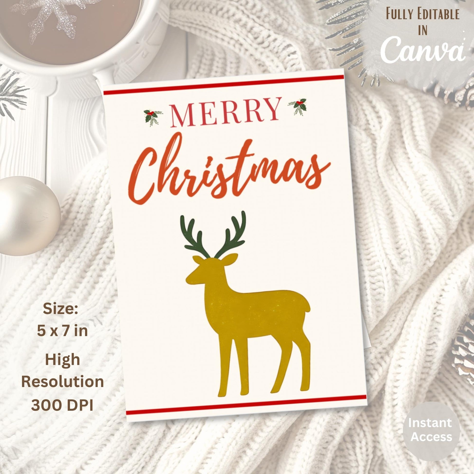 Editable Reindeer Christmas Card Template | Modern Holiday Canva Design (Digital Download) – Digital Printable by Digital Kim Designs