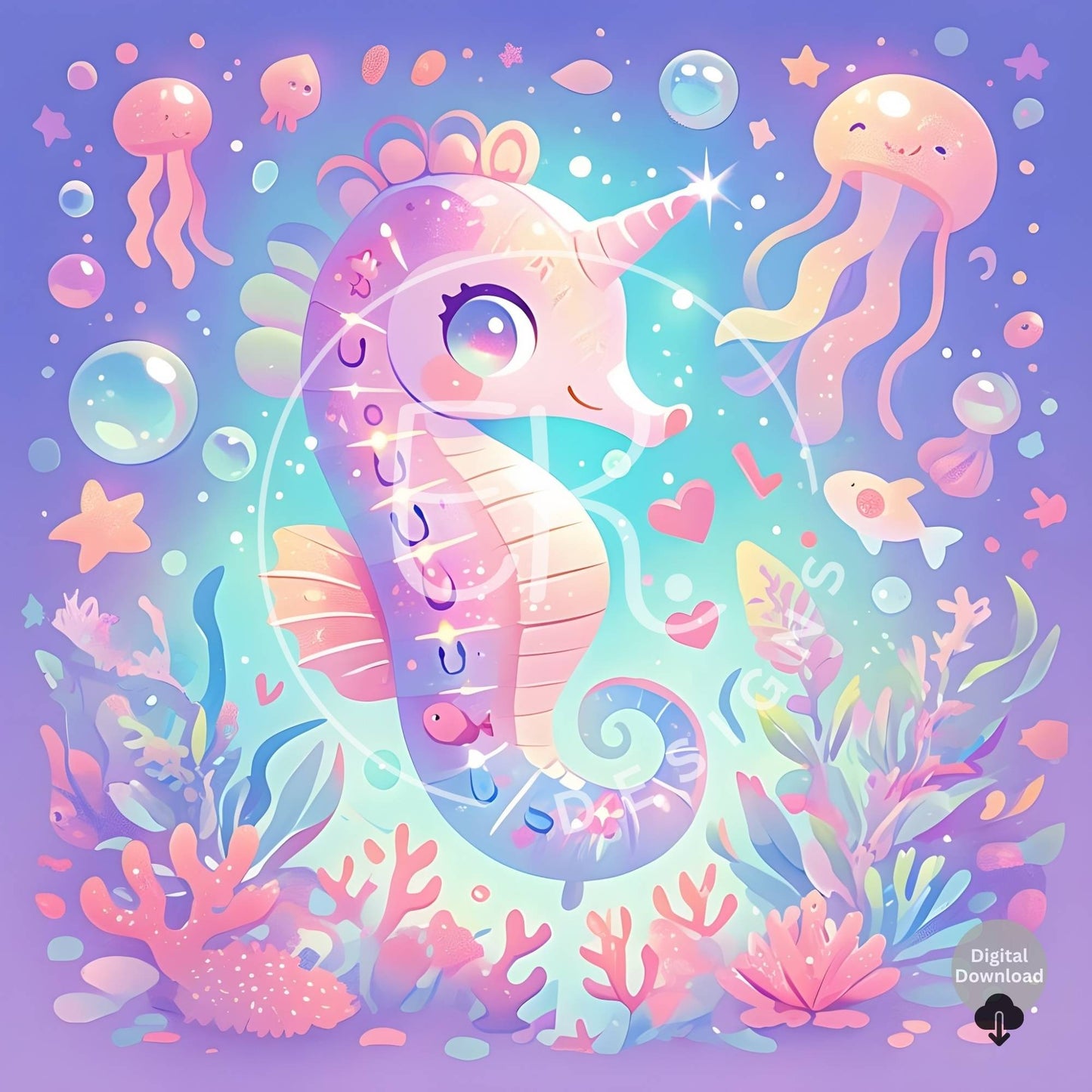 Kawaii Seahorse Clipart Bundle – 10 Pastel Underwater Unicorn Images for Kids Crafts, Sublimation & Stickers – Faith - Based Printable by Digital Kim Designs