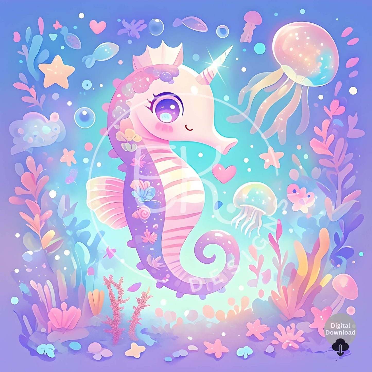 Kawaii Seahorse Clipart Bundle – 10 Pastel Underwater Unicorn Images for Kids Crafts, Sublimation & Stickers – Faith - Based Printable by Digital Kim Designs