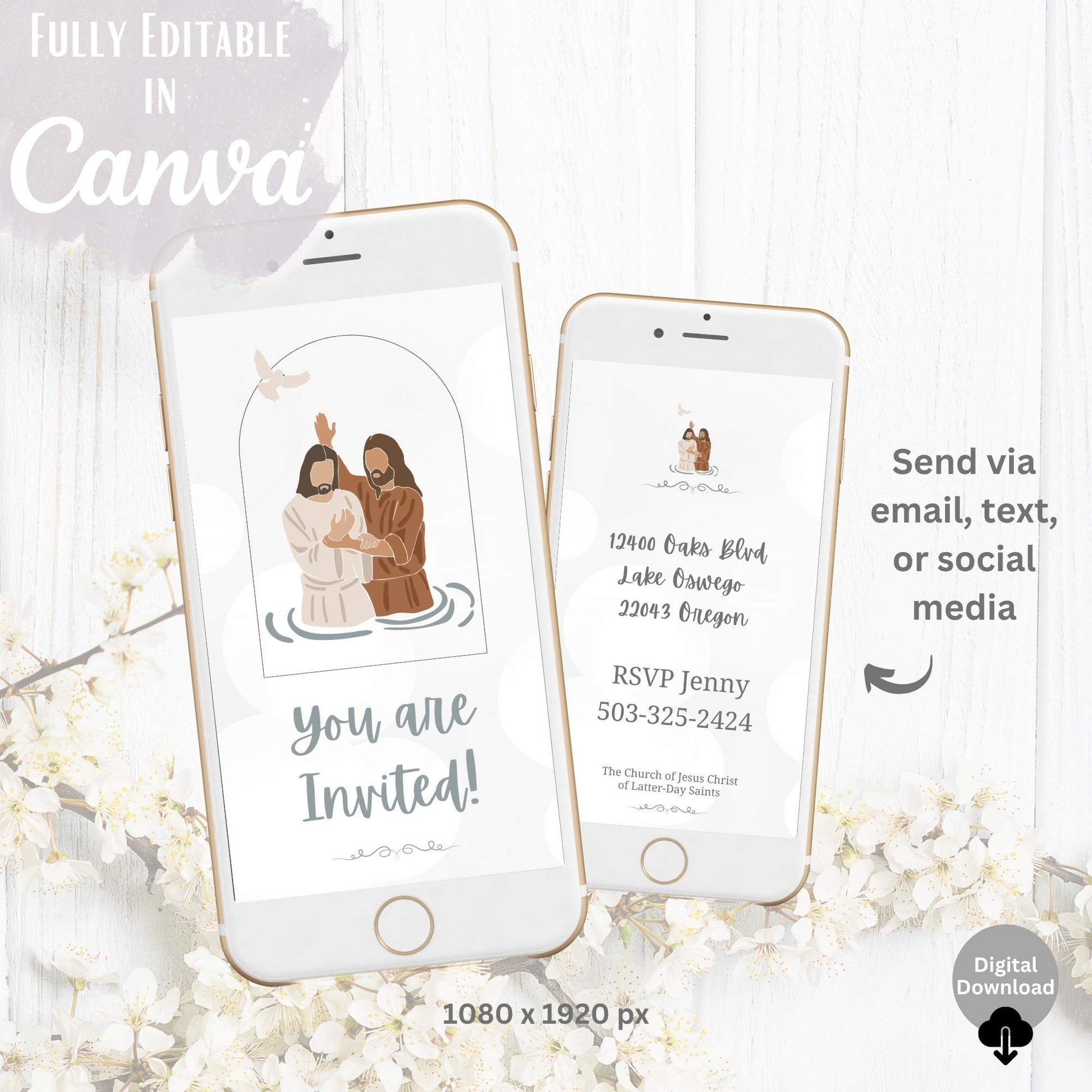 Editable Canva baptism invite – Jesus design and animated video preview on phone