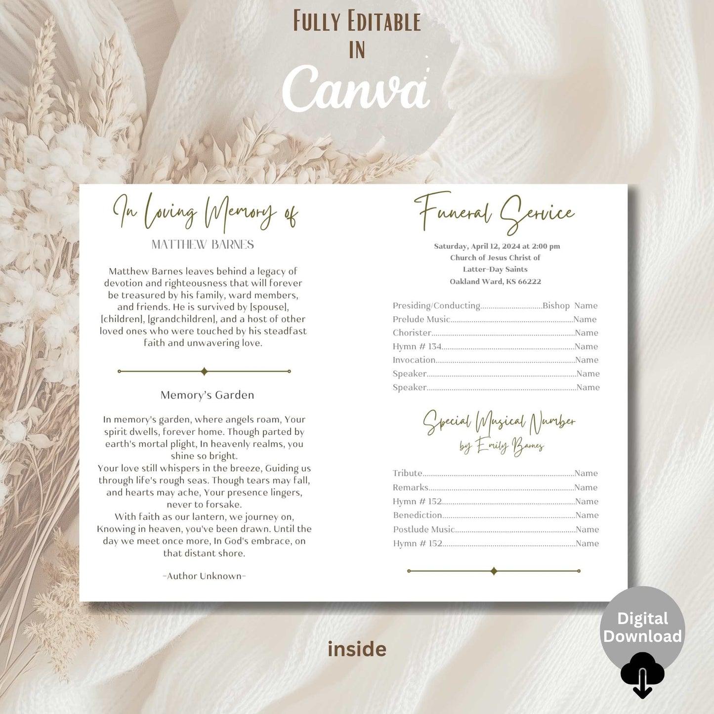 LDS Funeral Program Template – Editable Celebration of Life Canva Template (Foldable, 8.5" x 11") – Faith - Based Printable by Digital Kim Designs