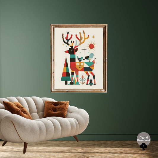 Mid - Century Modern Deer Wall Art | Retro Christmas Printable | Geometric Holiday Reindeer | Digital Download – Digital Printable by Digital Kim Designs