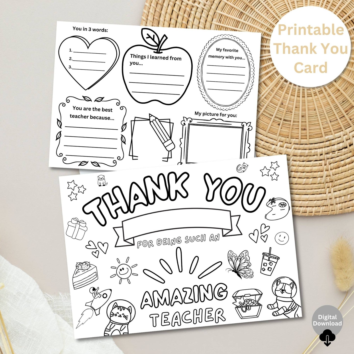 Printable Teacher Thank You Card – 8.5x11 Coloring Craft for Kids, Foldable PDF Appreciation Card, Instant Digital Download – Faith - Based Printable by Digital Kim Designs