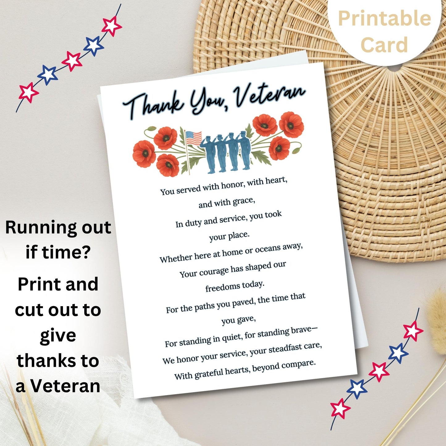 Veterans Thank You Card Bundle – Printable Patriotic Cards with Poem (4 Designs, Instant Download) – Faith - Based Printable by Digital Kim Designs