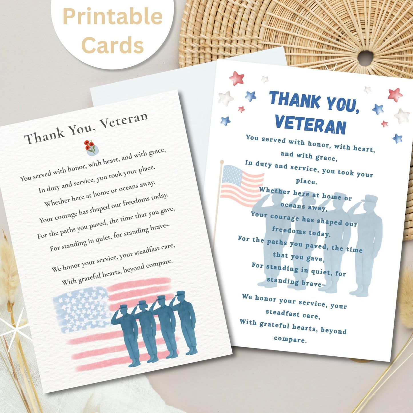 Veterans Thank You Card Bundle – Printable Patriotic Cards with Poem (4 Designs, Instant Download) – Faith - Based Printable by Digital Kim Designs