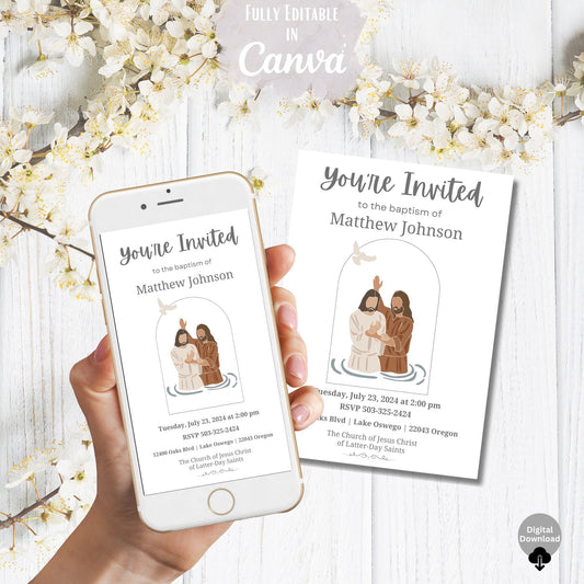 LDS Baptism Invitation – Editable Canva Evite or Printable