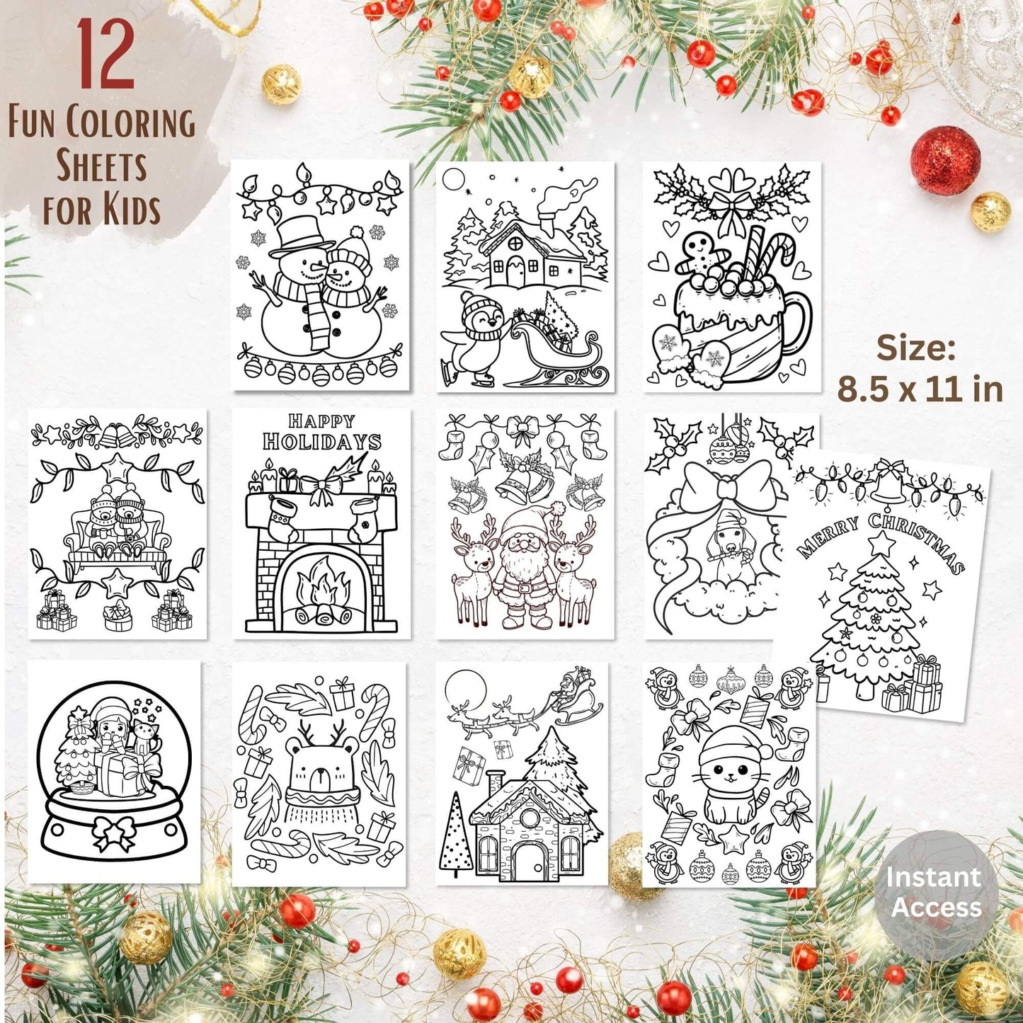 12 Christmas Coloring Pages for Kids | Easy Holiday Coloring Sheets | Printable Activity Pack Digital Download – Digital Printable by Digital Kim Designs