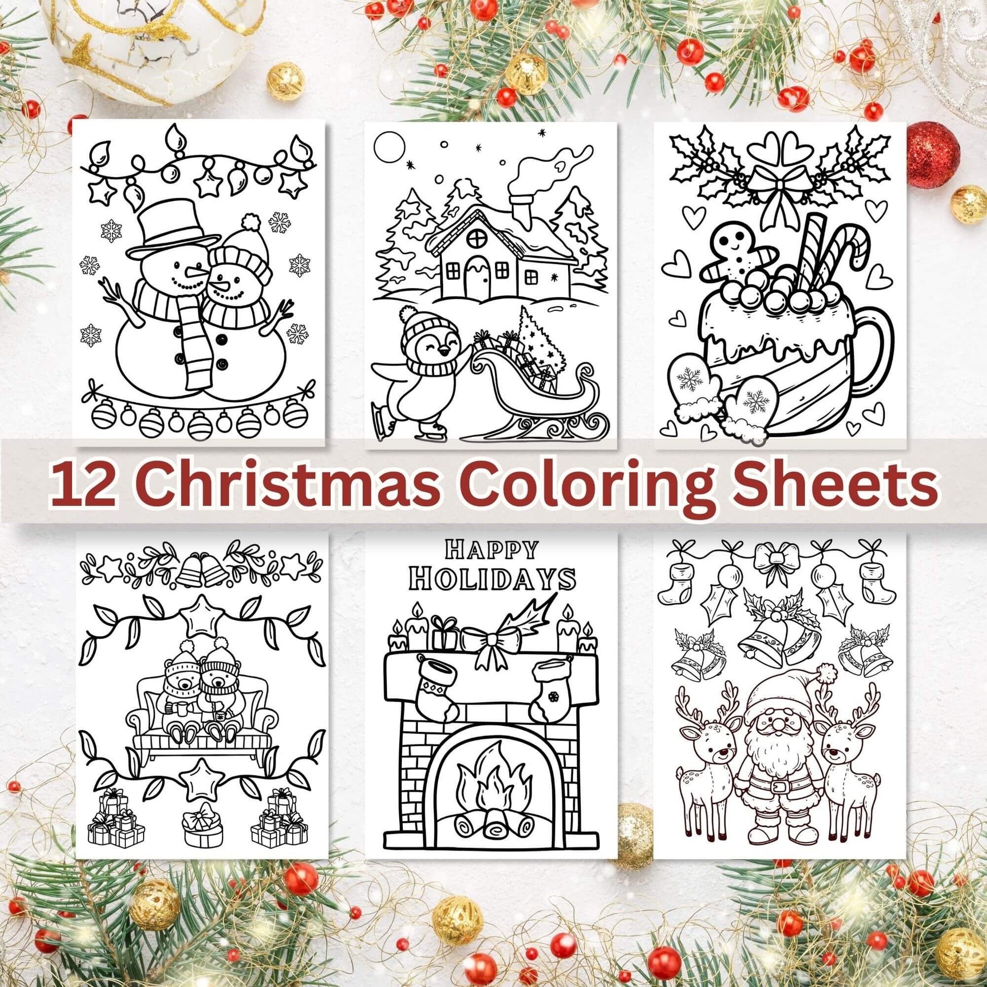 12 Christmas Coloring Pages for Kids | Easy Holiday Coloring Sheets | Printable Activity Pack Digital Download – Digital Printable by Digital Kim Designs