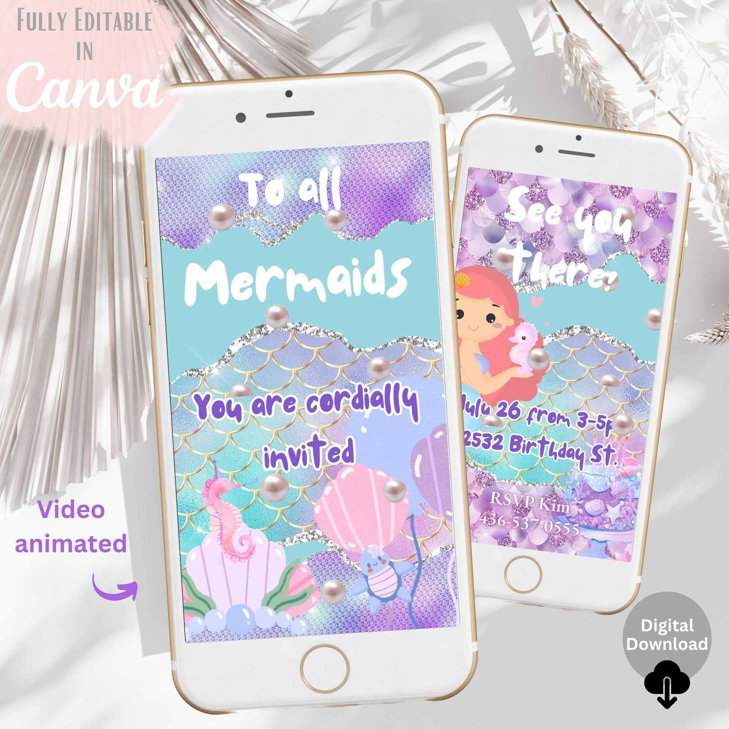 Animated Mermaid Birthday Invitation – Editable Canva Template – Phone Evite – Faith - Based Printable by Digital Kim Designs