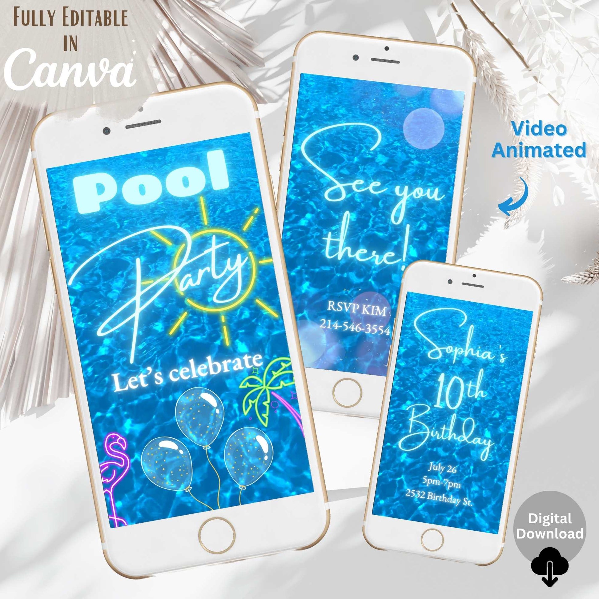 Animated Pool Party Birthday Invitation | Editable Video Invite for Kids | Tween Summer Birthday | Canva Template | Instant Download – Faith - Based Printable by Digital Kim Designs