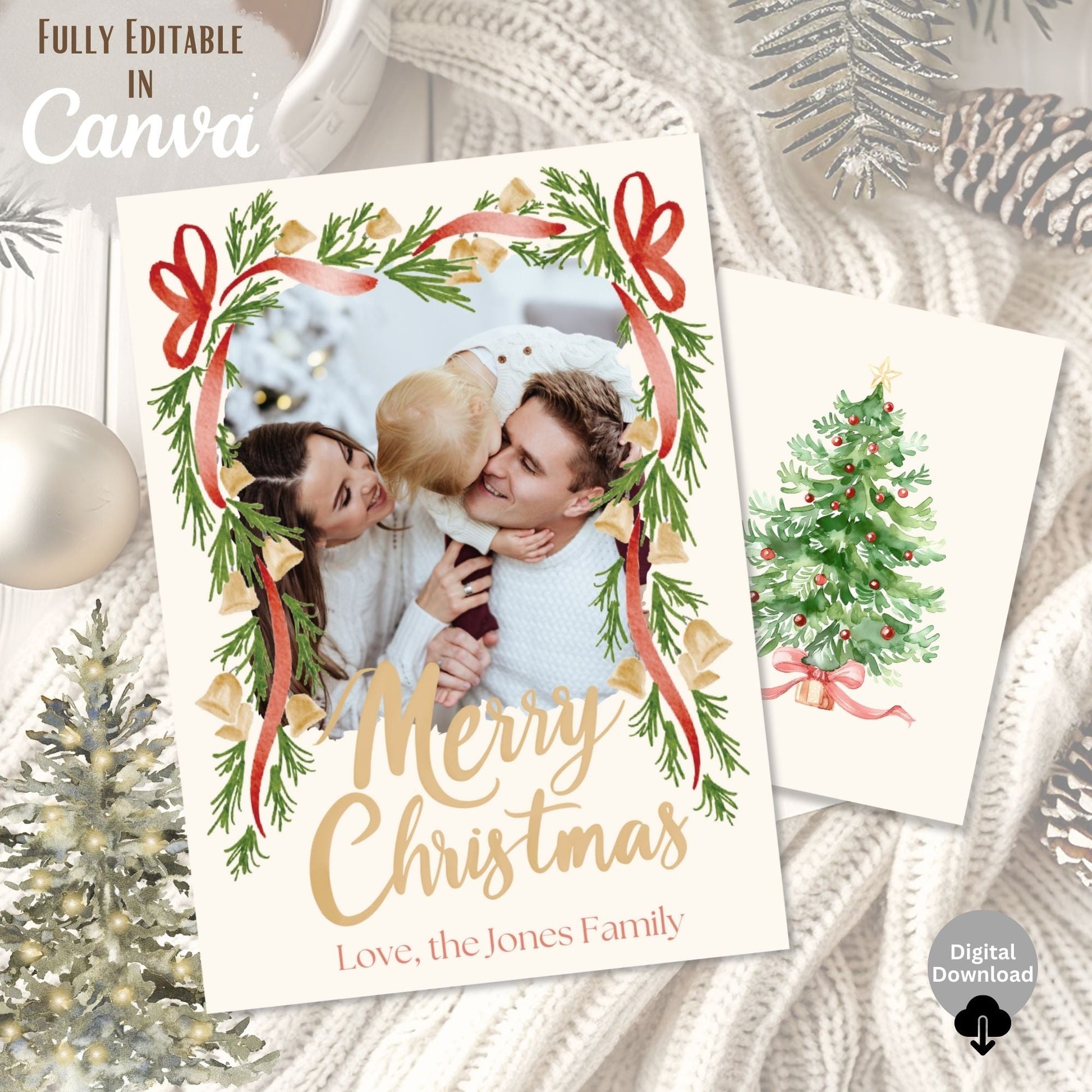 Boho Christmas Photo Card Template – Editable Holiday Canva Design with Festive Garland – Digital Printable by Digital Kim Designs