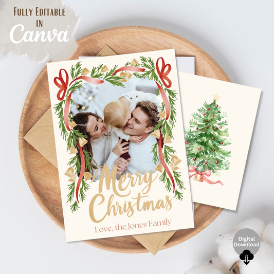 Boho Christmas Photo Card Template – Editable Holiday Canva Design with Festive Garland – Digital Printable by Digital Kim Designs