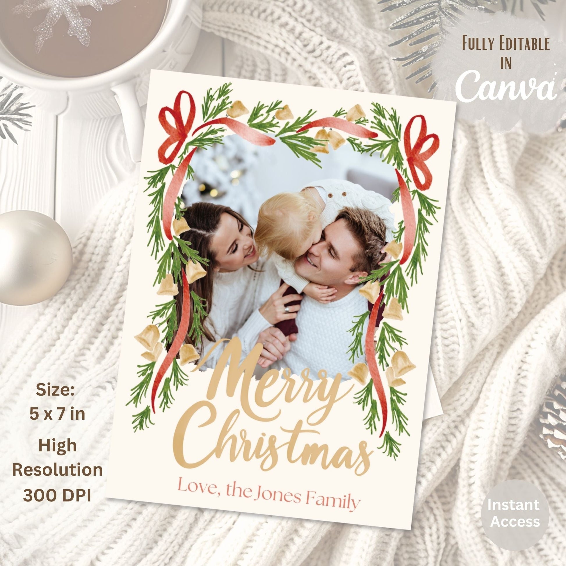Boho Christmas Photo Card Template – Editable Holiday Canva Design with Festive Garland – Digital Printable by Digital Kim Designs