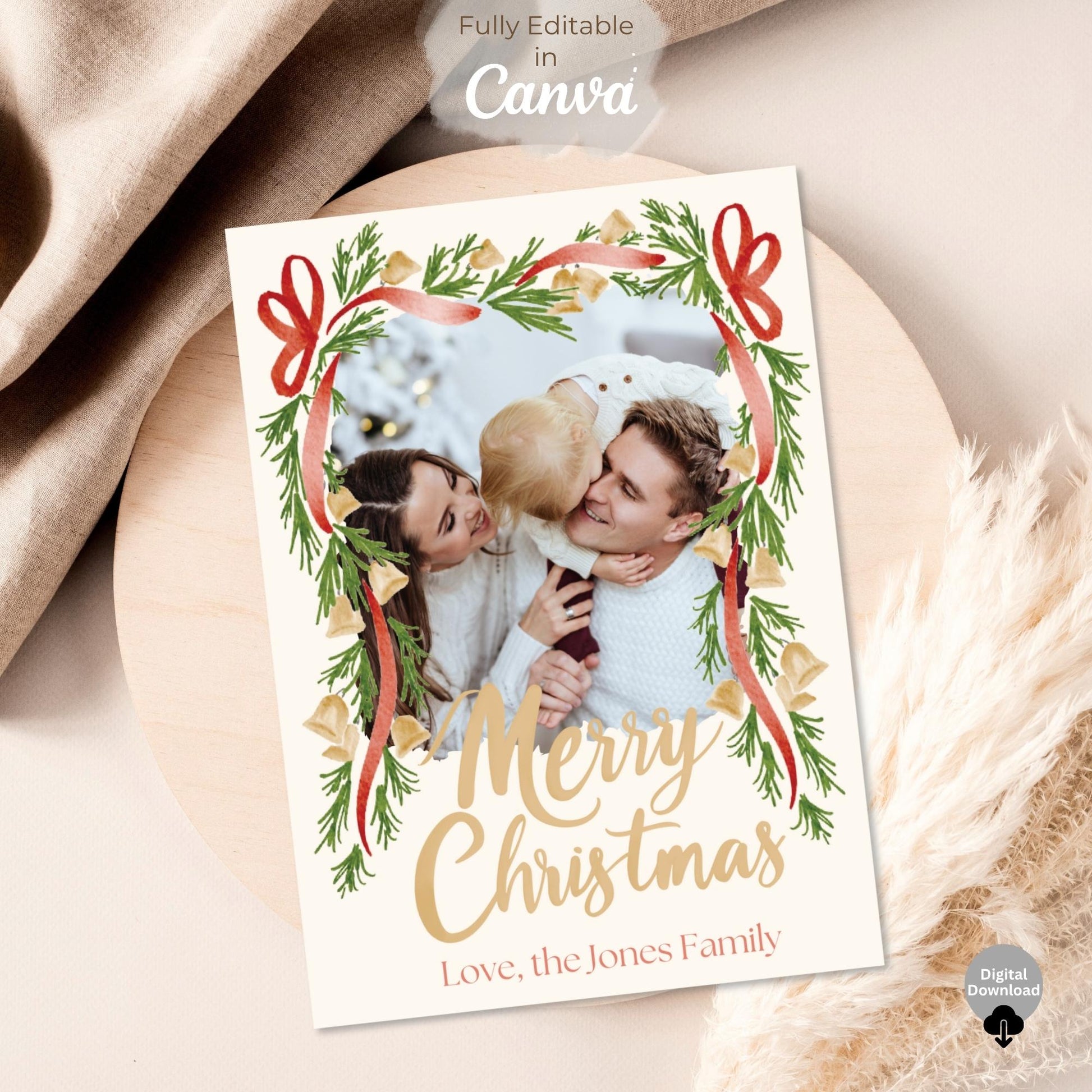 Boho Christmas Photo Card Template – Editable Holiday Canva Design with Festive Garland (Digital Download) – Digital Printable by Digital Kim Designs