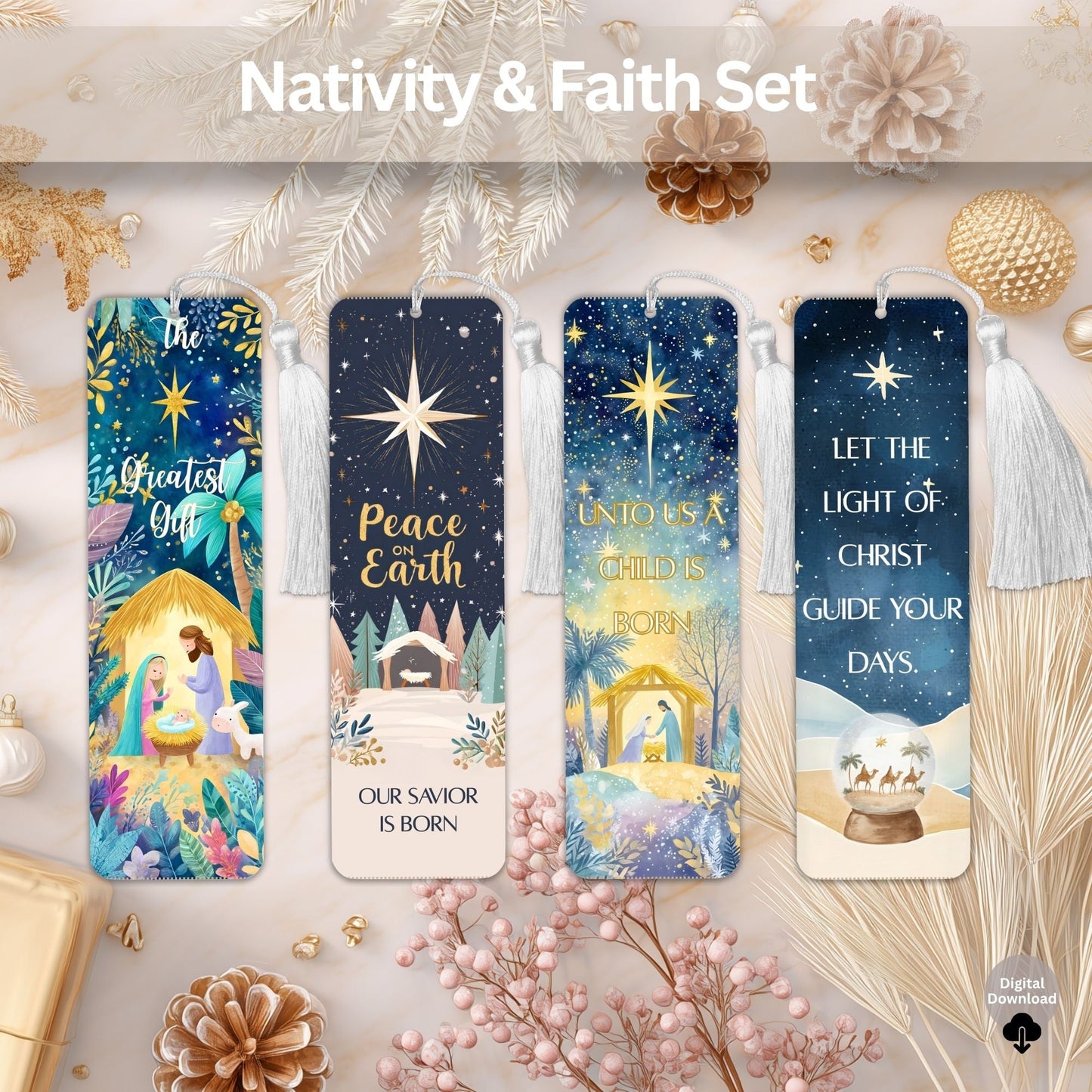 Christmas Scripture Bookmark Set – Nativity & Faith Art Printable Gift (Digital Download) – Digital Printable by Digital Kim Designs