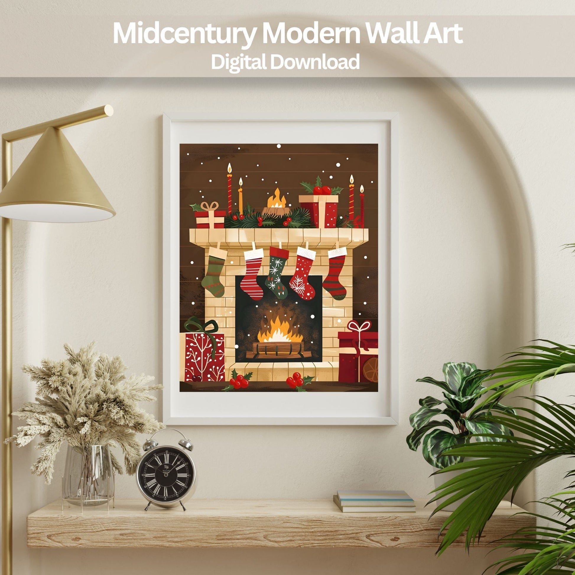 Cozy Fireplace Christmas Wall Art | Holiday Mantel Print | Festive Winter Home Decor Digital Download – Digital Printable by Digital Kim Designs
