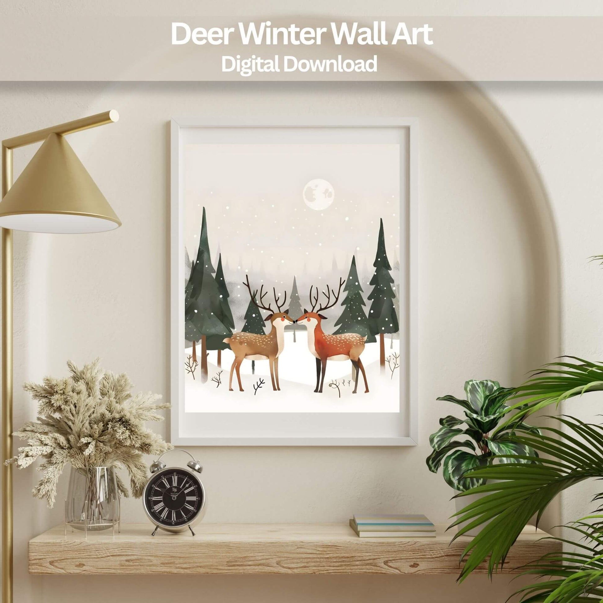 Deer Winter Wall Art | Cozy Nordic Christmas Print | Woodland Snow Scene Home Decor Digital Download – Digital Printable by Digital Kim Designs