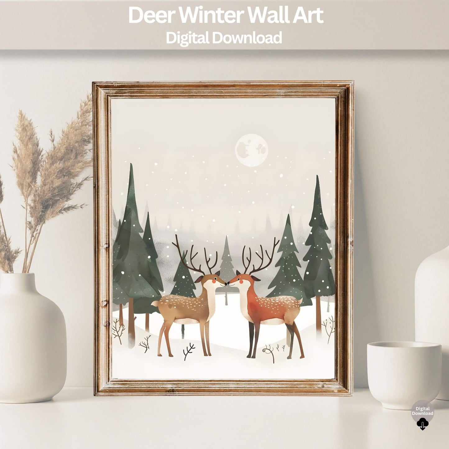 Deer Winter Wall Art | Cozy Nordic Christmas Print | Woodland Snow Scene Home Decor Digital Download – Digital Printable by Digital Kim Designs