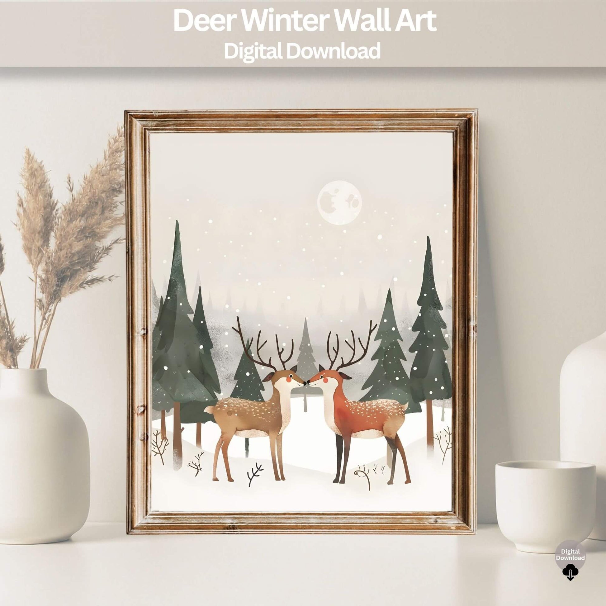 Deer Winter Wall Art | Cozy Nordic Christmas Print | Woodland Snow Scene Home Decor Digital Download – Digital Printable by Digital Kim Designs